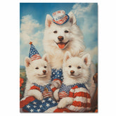 American Eskimo Dog Mom and Puppies in Patriotic Outfits with Party Hats and Starry Sky Background for Fourth of July and Holiday Decor on Ready to Hang 1.5" Thick Canvas Wrap, Floating Framed Canvas, Flat Rolled Canvas